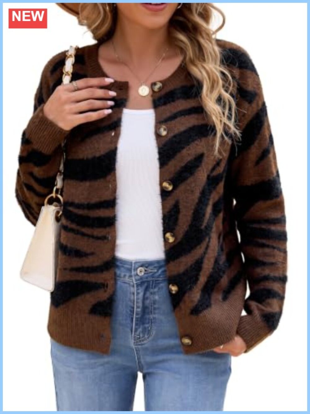 Sidefeel Animal Print Button Down Cardigan Sweater Long Sleeve Crewneck